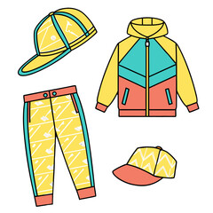 Kids Jacket and Pants Outfit with Cap &ndash; Modern Flat Vector Illustration