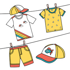 Bright children's summer clothing, including two t-shirts, yellow shorts, and two baseball caps, drying on a clothesline with clothespins. a cheerful, simple vector illustration for kidswear.