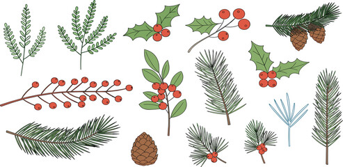 Hand-drawn festive Christmas collection traditional holiday dining elements, sparkling drinks, classic decorations. Perfect for seasonal celebrations and joyful gatherings