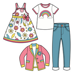 Stylish Girls Clothing Collection with Dress, T-Shirt and Jacket &ndash; Vector Set