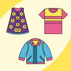 Retro 60s 70s fashion vector illustration featuring a groovy purple floral mini dress, a striped pink t-shirt, and a blue button-up shirt jacket, representing vintage clothing style.