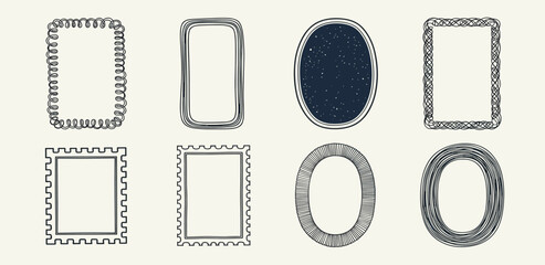 Set of unique hand-drawn doodle frames and borders, featuring various shapes and decorative vintage styles, perfect for enhancing creative design projects and adding a whimsical touch