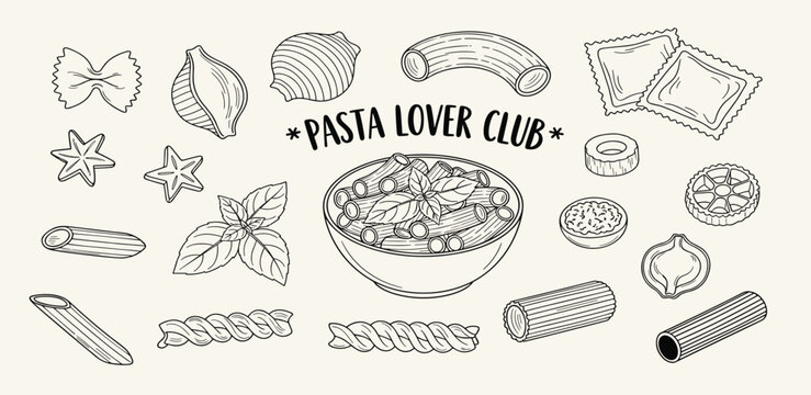 Vintage sketch collection of assorted Italian pasta shapes like fusilli, penne, and farfalle, an illustration concept for cuisine lovers