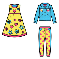 Colorful children's dress with hearts and flowers, paired with a vibrant blue denim jacket featuring heart pockets and bright yellow polka dot pants, rendered in a cute flat illustration style.