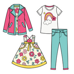 Children's fashion collection featuring vibrant pink jacket with floral shirt, playful rainbow t-shirt, light blue jeans, and charming floral dress, perfect for kids' style