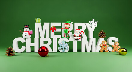 Festive merry christmas display with holiday decorations on a green background