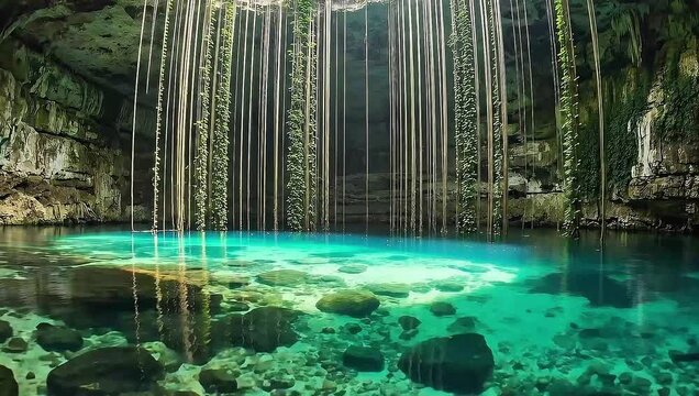 Magical Cenote Sinkhole with Hanging Vines and Turquoise Water in Mexican Jungle