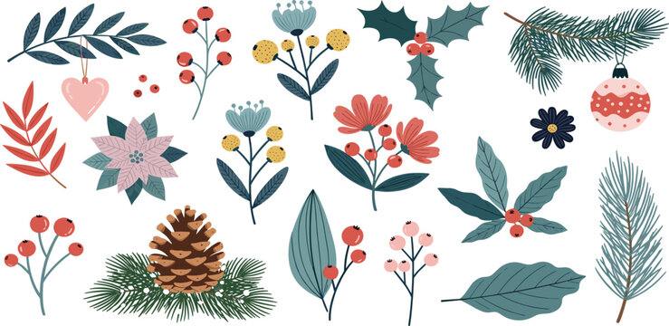 Beautiful collection of festive floral and botanical illustrations perfect for holiday and winter designs