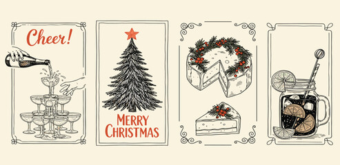 Elegant vintage hand-drawn illustrations celebrating holiday cheer a festive Christmas tree, sparkling champagne tower, celebratory cake, and refreshing cocktail