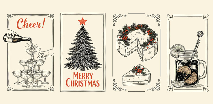 Elegant vintage hand-drawn illustrations celebrating holiday cheer a festive Christmas tree, sparkling champagne tower, celebratory cake, and refreshing cocktail