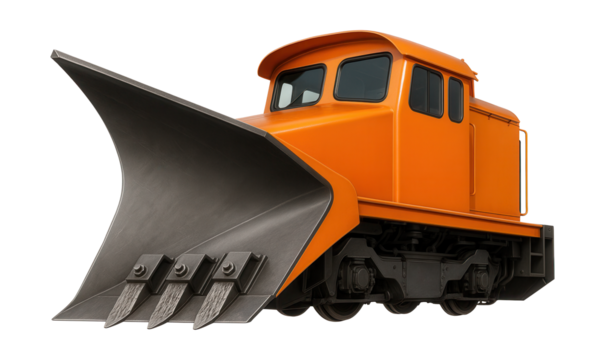Train snowplow featuring an angled front blade and built-in ice scrapers.