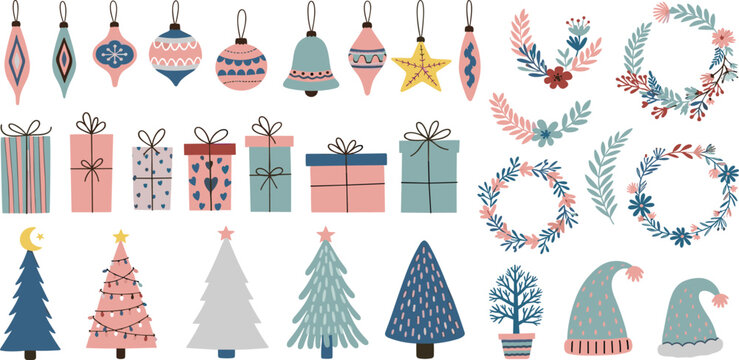 A collection of hand-drawn vintage illustrations featuring traditional Christmas dinner food, festive drinks, and holiday decorations with red bows