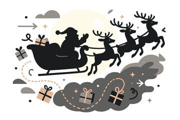 Naklejka premium Santa's Moonlit Flight. Santa silhouette. Sleigh flying across the night sky with full moon in background,