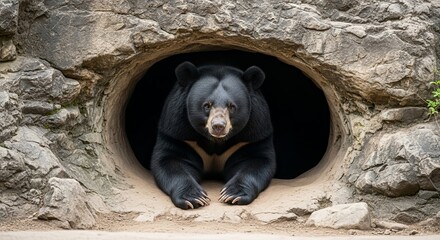 Asian Black Bear Emerging From Cave Entrance.