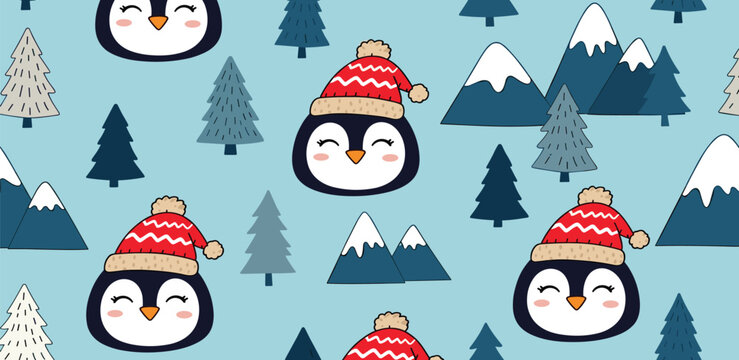 Adorable kawaii penguin characters wearing red hats in a seamless winter pattern with snowy mountains and pine trees