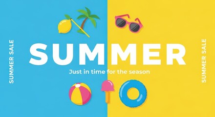 Summer sale banner , Summer banner design with beach accessories Flat Lay. Ultimate Summer Sale: Shop Beachwear, Swimsuits, & Seasonal Essentials! Huge Discounts on Fun, Vacation Gear, and Tropical