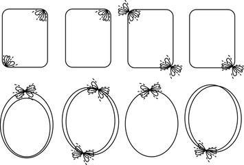 Outline decorative frame set with bow and splash elements. Doodle border collection. Empty copy space graphic design for text, card, holiday, wedding invite, certificate.