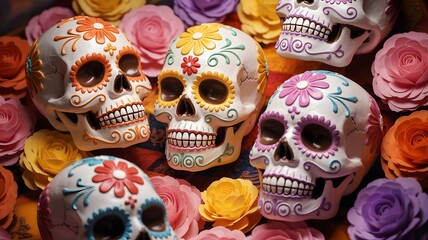 Vibrant and Colorful Sugar Skulls Adorned with Intricate Designs Surrounded by Beautifully Crafted Artificial Roses Creating a Festive Celebration of Life and Remembrance