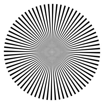 Hypnotic black radial starburst straight lines. Minimal op art vector illustration for optical illusion and abstract designs. No background