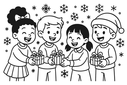 Secret Santa Coloring Fun. Joyful holiday exchange children?s coloring book illustration, outlined drawing,