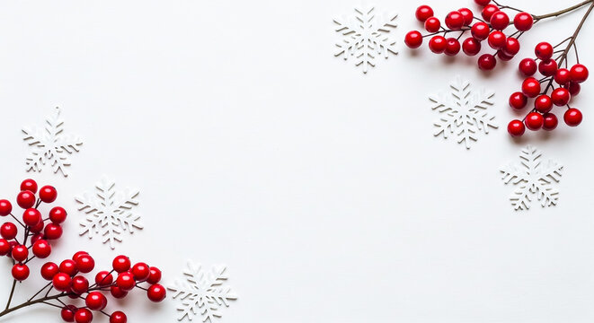 Festive winter holiday background with red berries and white snowflakes design