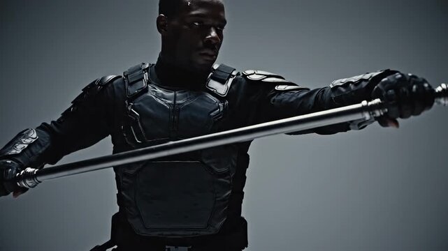 Man in tactical gear holding a metal staff in a dramatic pose.