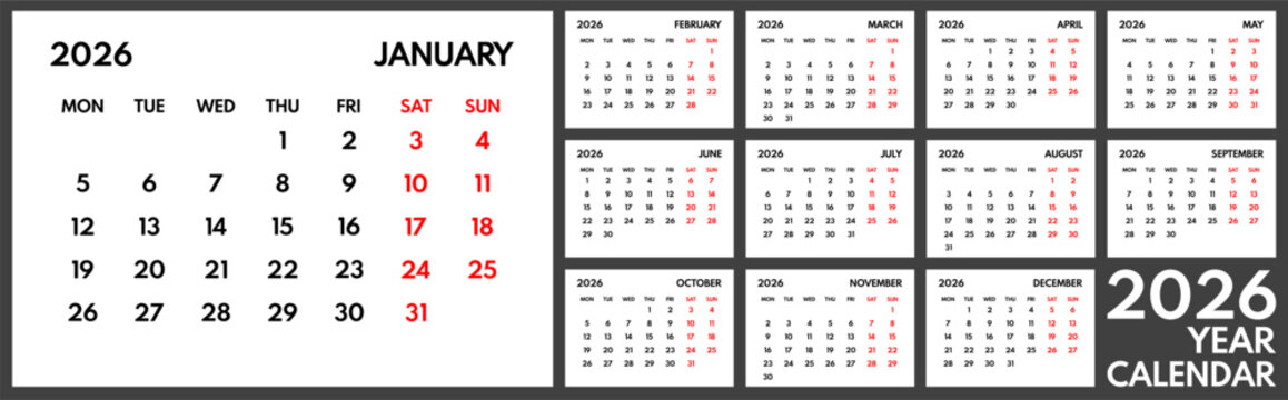 2026 year monthly office planner, calendar starts monday, two red weekends, white background, 12 month planner grid
