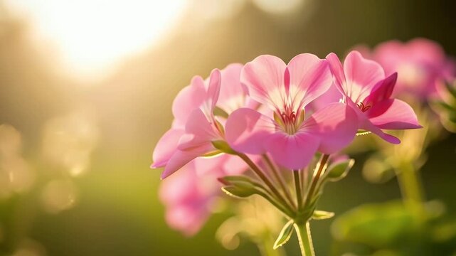 A captivating close-up shot features delicate pink flowers bathed in the soft, golden glow of warm sunlight, creating a serene and ethereal atmosphere. The scene highlights the intricate details and v