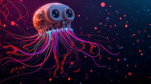 Futuristic jellyfish floating in space with glowing tentacles and bioluminescent particles around it