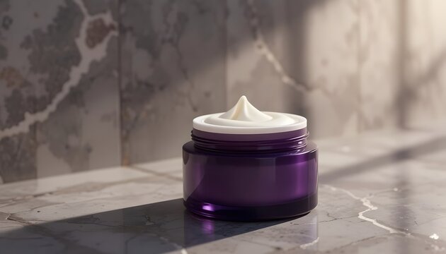 Elegant purple jar of luxurious cream on a marble surface, perfect for skincare promotions and beauty campaigns focused on radiance and rejuvenation