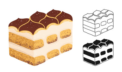 Tiramisu dessert slice with cocoa and cream, hand drawn texture symbol cartoon set. Sweet holiday Italian dessert linear doodle icon. Abstract tiramisu cake simple stylized sign Vector illustration