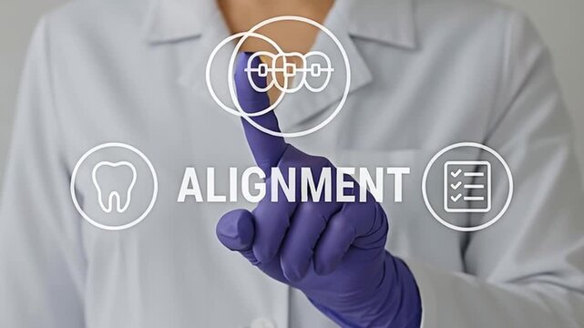Dentist pointing on teeth alignment graphic for dental health concept.