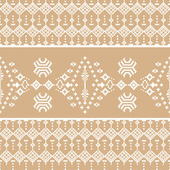 White and brown cross-stitch seamless pattern with ethnic ornaments. Vector illustration. Pixel abstract pattern. Design for wallpapers, elaborate borders, fabrics, crafts, and textiles.
