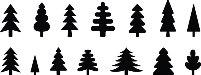 Set of 14 stylized tree silhouette icons, coniferous and deciduous shapes, nature design elements, botanical illustration