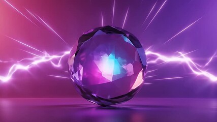 A captivating abstract animation showcases a multifaceted, gem-like sphere at its center, radiating an intense internal glow of vibrant pink and blue light. Surrounding this luminous object, dynamic s - Powered by Adobe