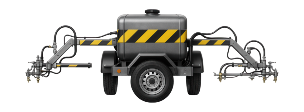 Trailer-based road marking system featuring side-mounted spray arms.