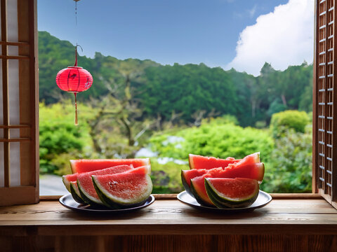 縁側のスイカと風鈴がある日本の夏の風景