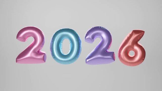 New year 2026 balloons moving in a festive animated scene with colorful metallic numbers floating and shifting on a gray background symbolizing a dynamic countdown transition to the new year. 