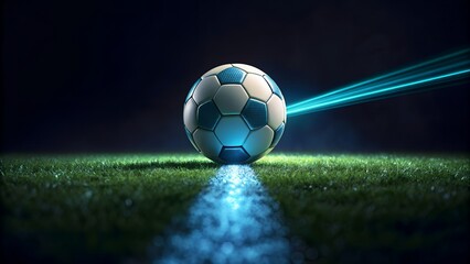 Dynamic soccer ball on vibrant green field with glowing neon trail for sport designs