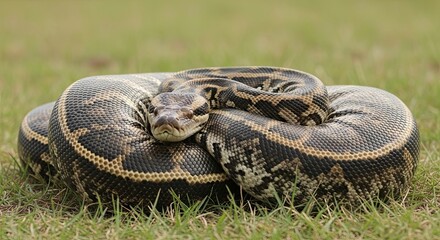 Coiled Python Resting in Green Grass, Detailed Scales, Close-Up Portrait.