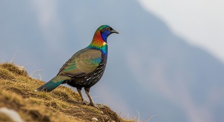 Obraz premium Colorful Himalayan Monal Bird Perched on a Rocky Slope in the Mountains.