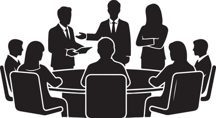 Business meeting with people gathered around a round table in silhouette