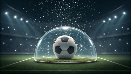 Futuristic soccer ball protected in magical bubble on field under stadium lights