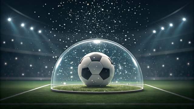 Futuristic soccer ball protected in magical bubble on field under stadium lights