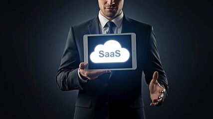 A business professional presenting SaaS on a digital tablet for concept of cloud technology. - Powered by Adobe