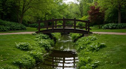 Rustic Wooden Bridge over a Small Stream in a Green Park, Charming Footbridge in a Lush Forest, Tranquil Scene with a Stream and Greenery, Scenic Nature Trail and Bridge, Peaceful Crossing in the Wood