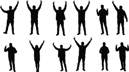 Group of people silhouettes raising hands in peace gesture, unity and diversity concept, minimalist human figure illustration, vector design