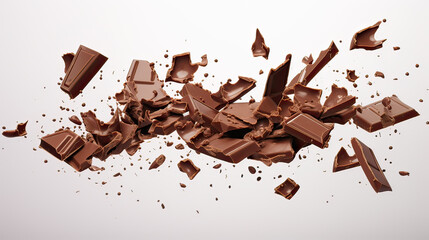 Milk Chocolate Pieces Falling Mid-Air with Scattered Chocolate on Transparent Background