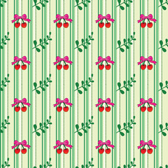 Cherry Ribbon and Leaf Pattern on Green Striped Background