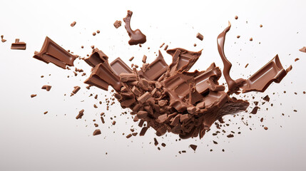 Milk Chocolate Pieces Falling with Small Drips of Melted Chocolate on Transparent Background